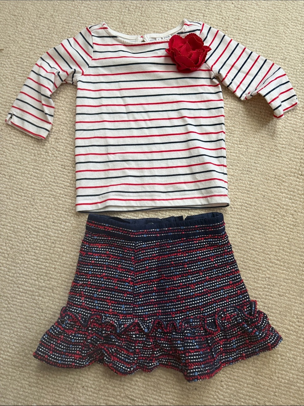 Janie and Jack Red, Navy & White Striped Top with Navy Ruffle Skirt